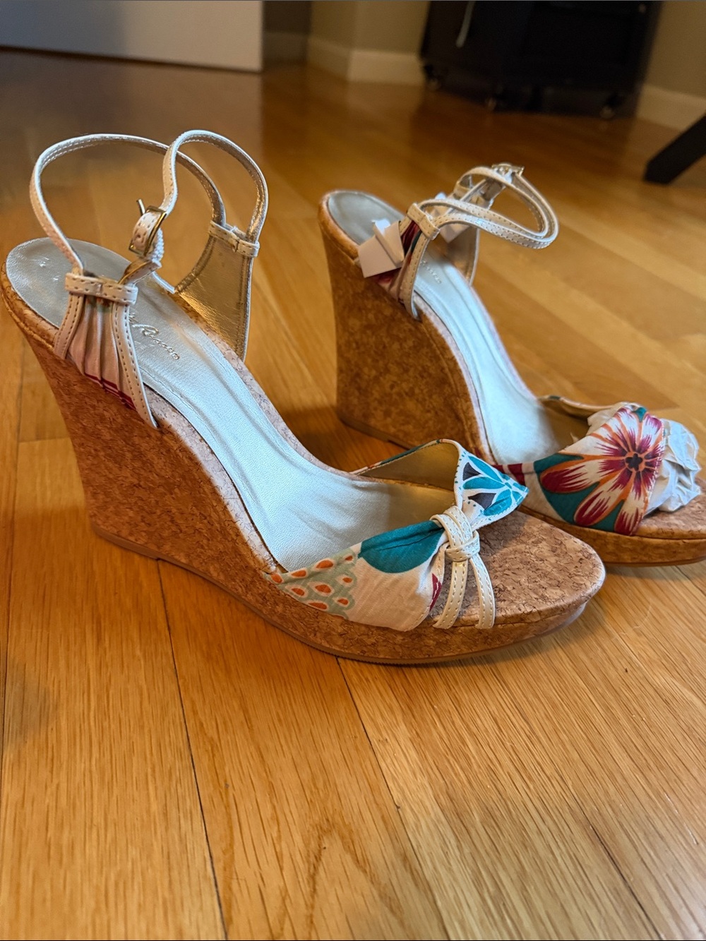 Charlotte Russe Floral Cork Wedge Sandals - White, Teal, Pink
